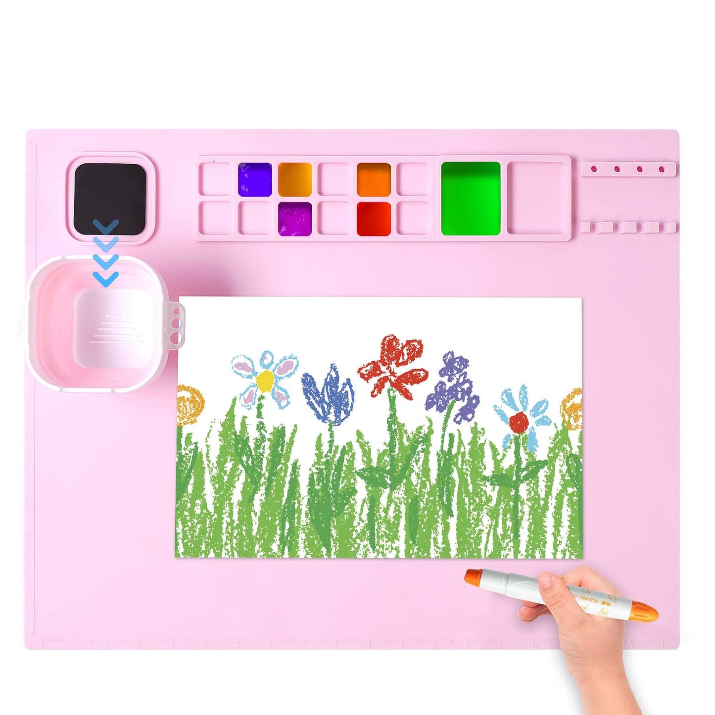 AWOKE Silicone Painting Mat for Table Protection - 20"X16" Washable Art Mat with 1 Water Cup for Kids - Craft Mat has 12 Color Dividers - 2 Paint Palettes (Pink), Toddler Activities, Girl Boy Gifts