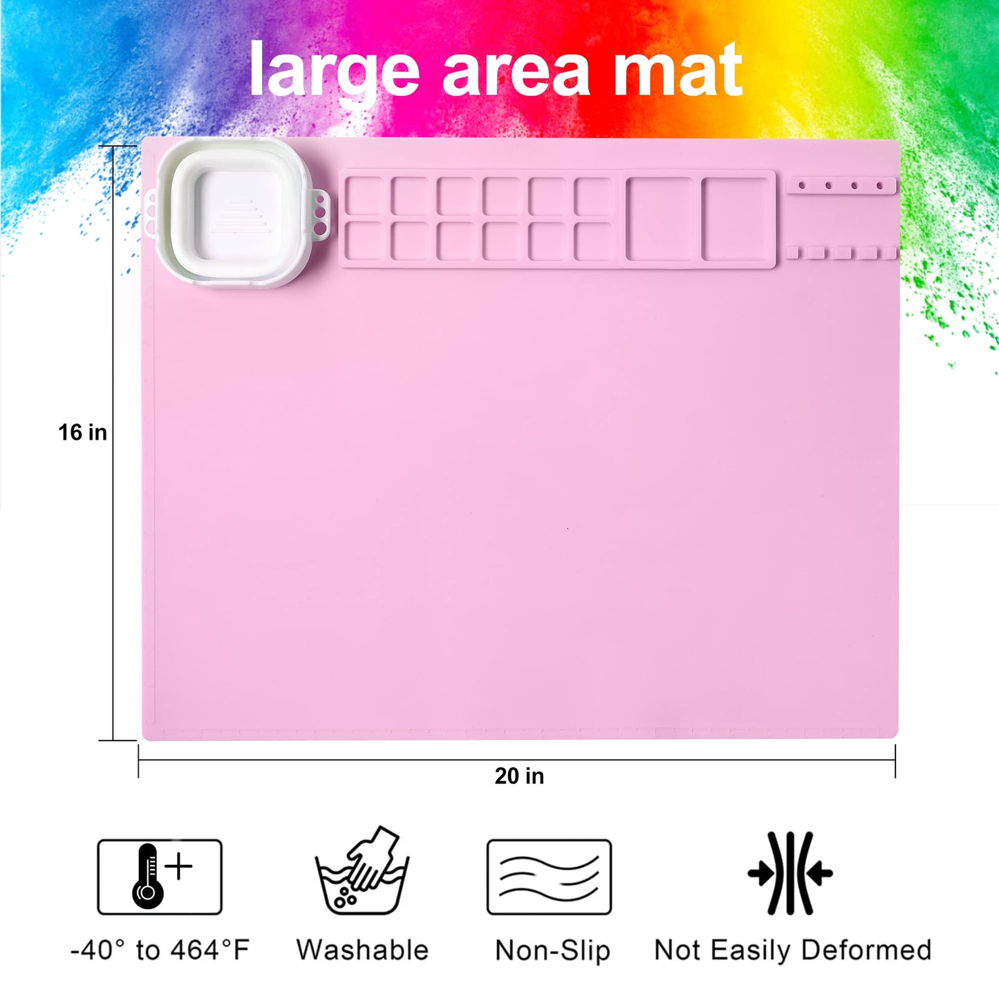 AWOKE Silicone Painting Mat for Table Protection - 20"X16" Washable Art Mat with 1 Water Cup for Kids - Craft Mat has 12 Color Dividers - 2 Paint Palettes (Pink), Toddler Activities, Girl Boy Gifts