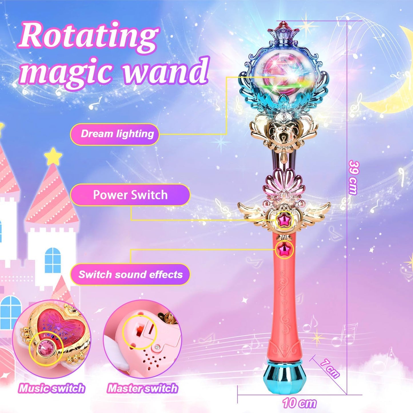 Skirfy Princess Toys Magic Wand for Girls, Fairy Wand with Spinning LED Light and Sound, Girl Thanksgiving Birthday Party Favors for Kids Age 3 4 5 6 7 8 9 10