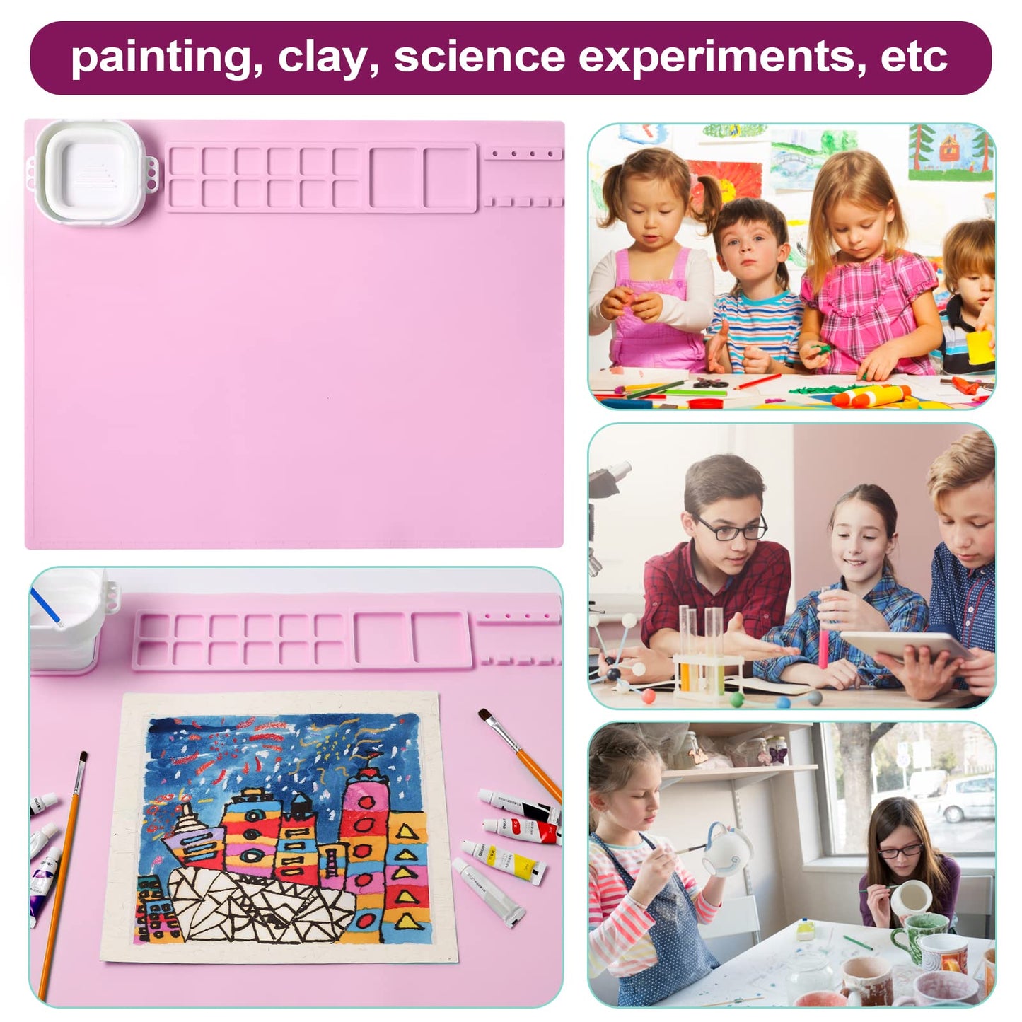 AWOKE Silicone Painting Mat for Table Protection - 20"X16" Washable Art Mat with 1 Water Cup for Kids - Craft Mat has 12 Color Dividers - 2 Paint Palettes (Pink), Toddler Activities, Girl Boy Gifts
