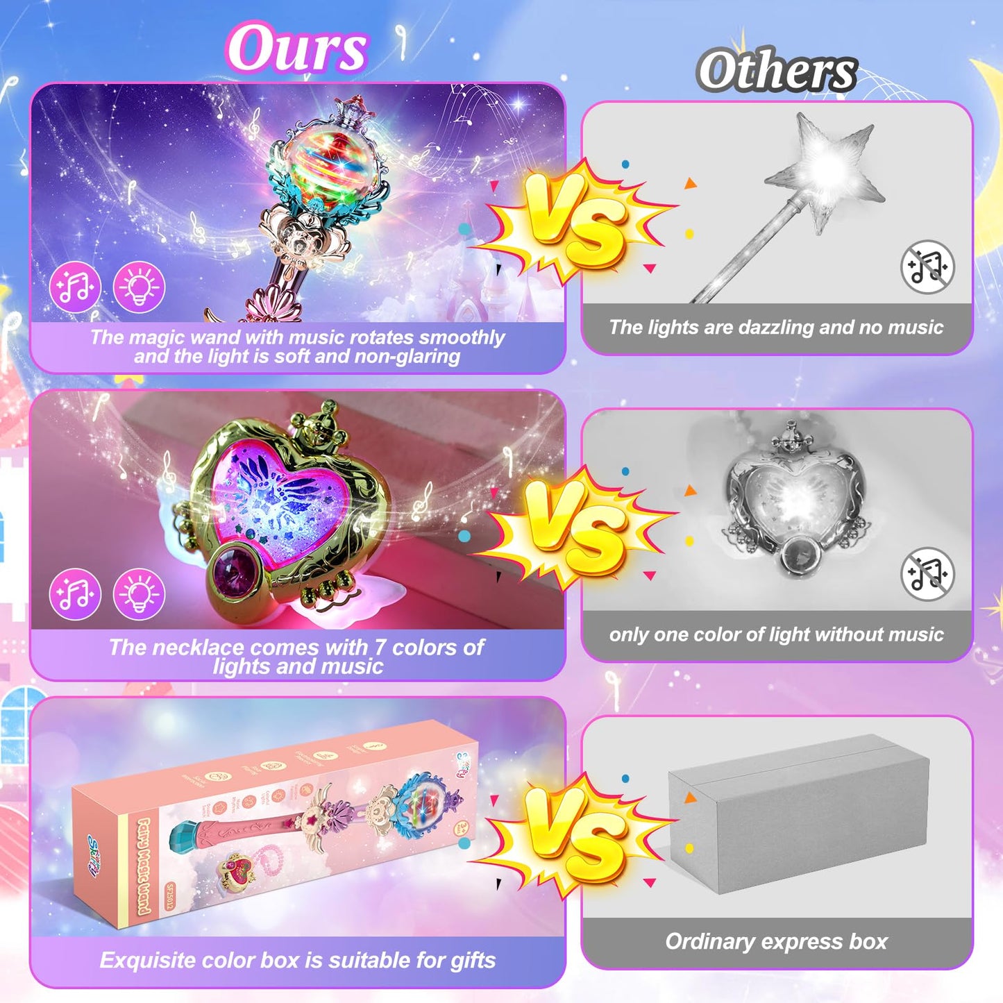 Skirfy Princess Toys Magic Wand for Girls, Fairy Wand with Spinning LED Light and Sound, Girl Thanksgiving Birthday Party Favors for Kids Age 3 4 5 6 7 8 9 10