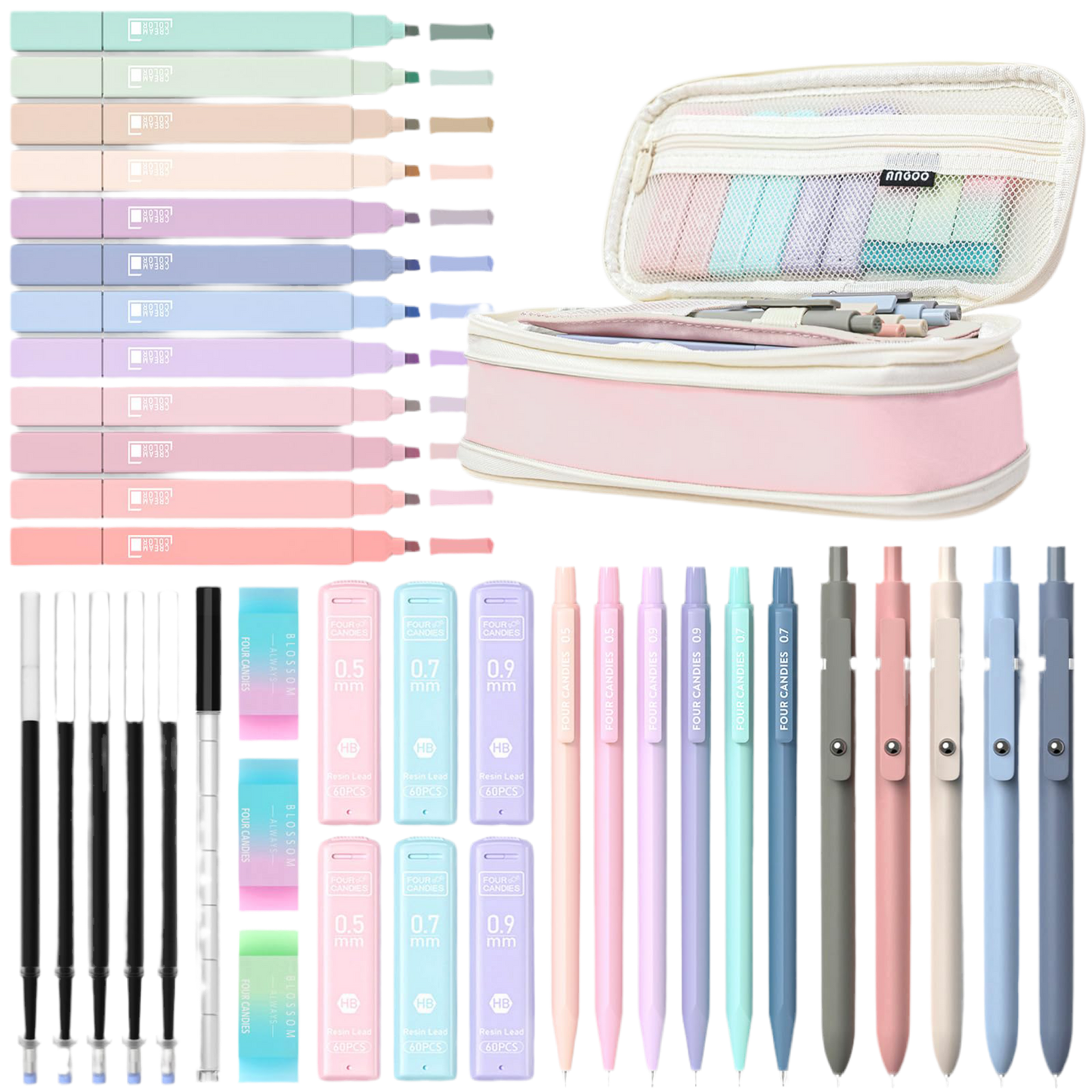 Four Candies 39 PCS Aesthetic School Supplies with Cute Pen Case, 12 Pastel Highlighters, 5 Black Ink Gel Pens, 6 Mechanical Pencils Set 0.5 & 0.7 mm for Students Stationary College Essentials (Pink)