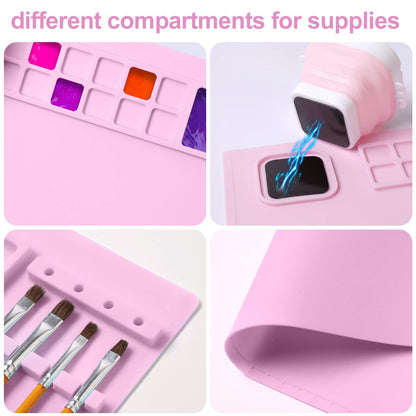 AWOKE Silicone Painting Mat for Table Protection - 20"X16" Washable Art Mat with 1 Water Cup for Kids - Craft Mat has 12 Color Dividers - 2 Paint Palettes (Pink), Toddler Activities, Girl Boy Gifts