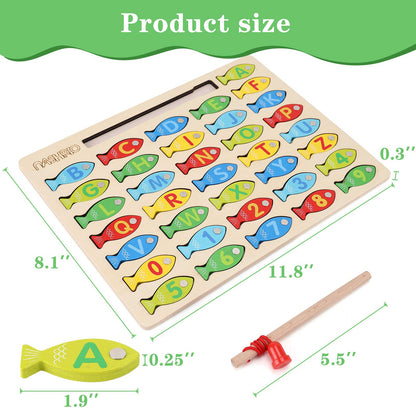Magnetic Wooden Fishing Game Toy for Toddlers, Alphabet Fish Catching Counting Games Puzzle with Numbers and Letters, Preschool Learning ABC Math Educational Toys 3 4 5 Years Old Girl Boy Kids