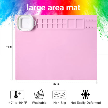 AWOKE Silicone Painting Mat for Table Protection - 20"X16" Washable Art Mat with 1 Water Cup for Kids - Craft Mat has 12 Color Dividers - 2 Paint Palettes (Pink), Toddler Activities, Girl Boy Gifts