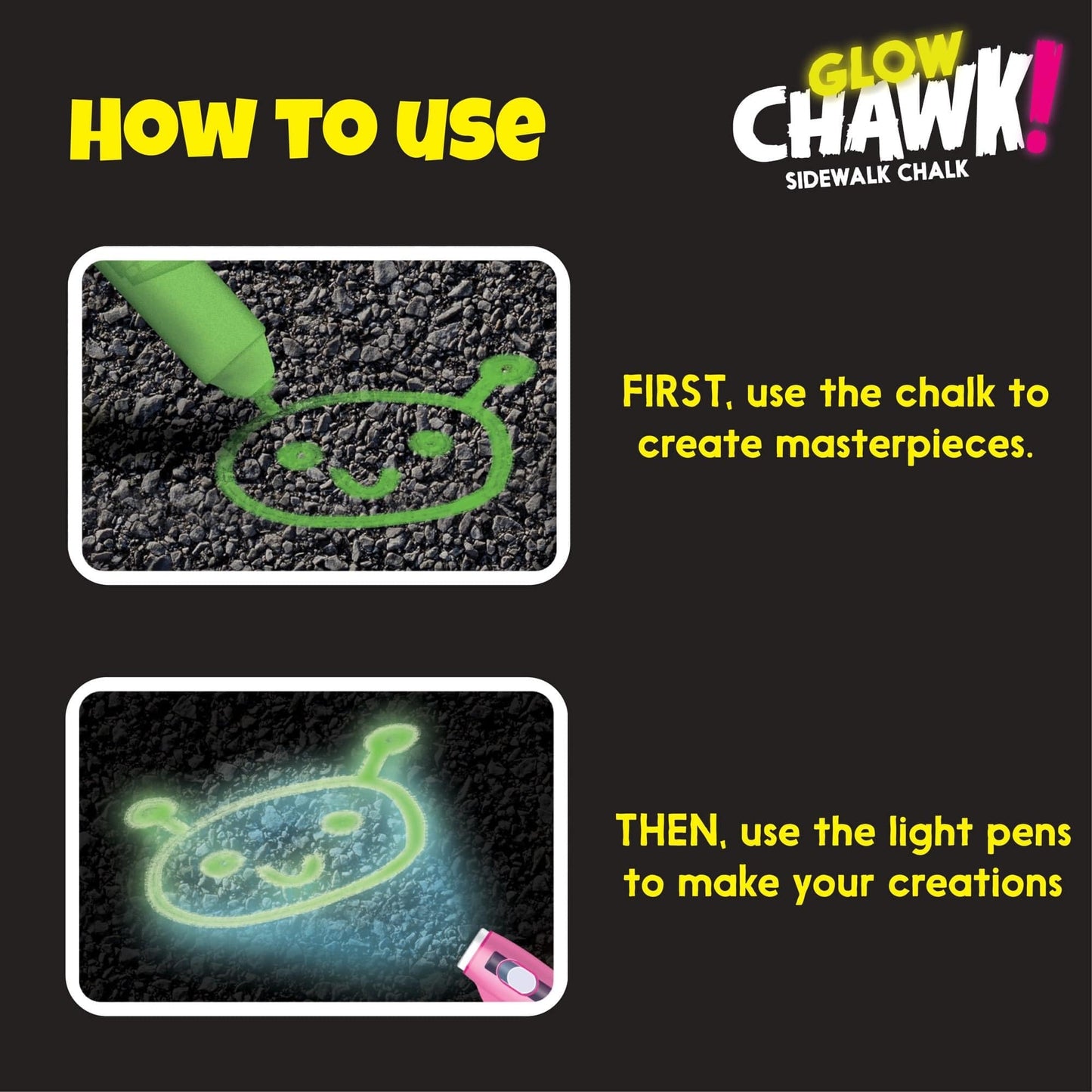 Chuckle & Roar - Glow Chawk! Toy- Outdoor Fun - Great on Any Hard Surface - Glows in the Dark at Night - Ages 4 and Up