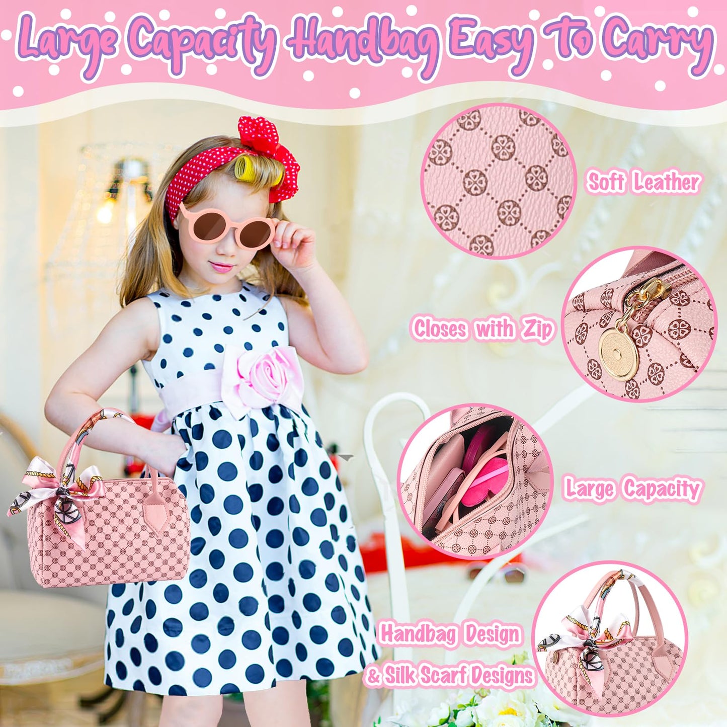 Oisacirg Play Purse for Little Girls, 32PCS Toddler Purse with Pretend Makeup for Kids, Princess Toys Includes Handbag, Phone, Wristwatch, Silk Scarf Kids Toy Purse Birthday Gift for Girls 3 4 5 6 +