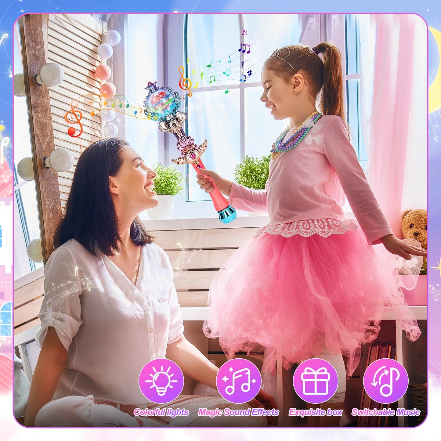 Skirfy Princess Toys Magic Wand for Girls, Fairy Wand with Spinning LED Light and Sound, Girl Thanksgiving Birthday Party Favors for Kids Age 3 4 5 6 7 8 9 10