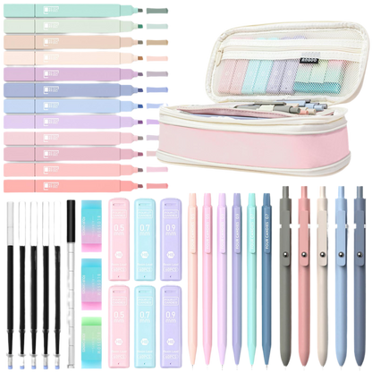 Four Candies 39 PCS Aesthetic School Supplies with Cute Pen Case, 12 Pastel Highlighters, 5 Black Ink Gel Pens, 6 Mechanical Pencils Set 0.5 & 0.7 mm for Students Stationary College Essentials (Pink)