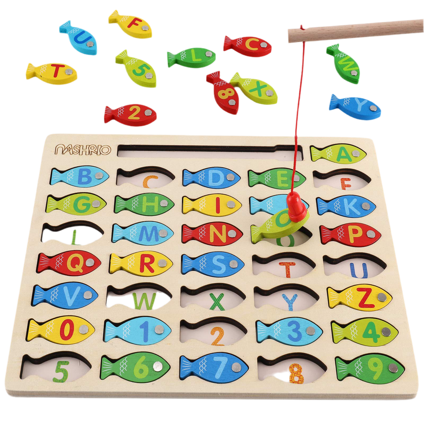 Magnetic Wooden Fishing Game Toy for Toddlers, Alphabet Fish Catching Counting Games Puzzle with Numbers and Letters, Preschool Learning ABC Math Educational Toys 3 4 5 Years Old Girl Boy Kids