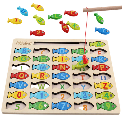Magnetic Wooden Fishing Game Toy for Toddlers, Alphabet Fish Catching Counting Games Puzzle with Numbers and Letters, Preschool Learning ABC Math Educational Toys 3 4 5 Years Old Girl Boy Kids