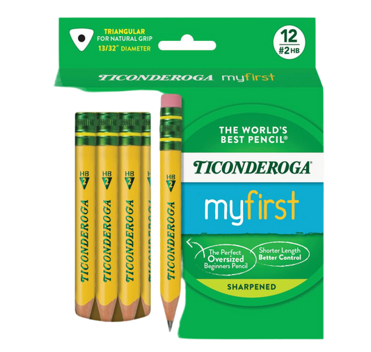 Ticonderoga My First Short Triangular Wood-Cased Pencils, #2 HB Soft, With Erasers, Yellow, 12 Count