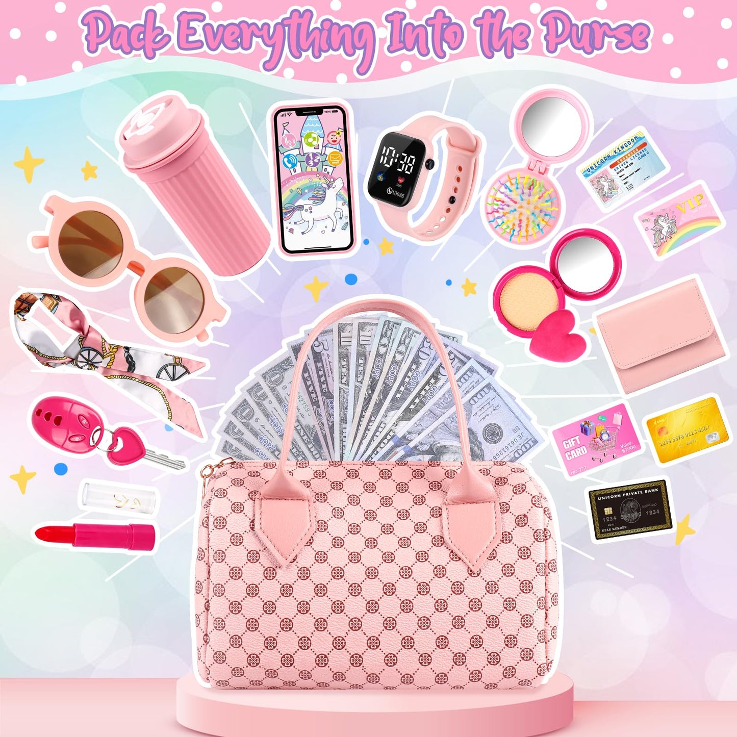 Oisacirg Play Purse for Little Girls, 32PCS Toddler Purse with Pretend Makeup for Kids, Princess Toys Includes Handbag, Phone, Wristwatch, Silk Scarf Kids Toy Purse Birthday Gift for Girls 3 4 5 6 +