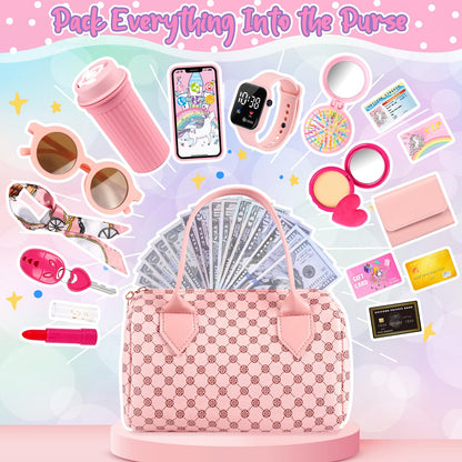 Oisacirg Play Purse for Little Girls, 32PCS Toddler Purse with Pretend Makeup for Kids, Princess Toys Includes Handbag, Phone, Wristwatch, Silk Scarf Kids Toy Purse Birthday Gift for Girls 3 4 5 6 +