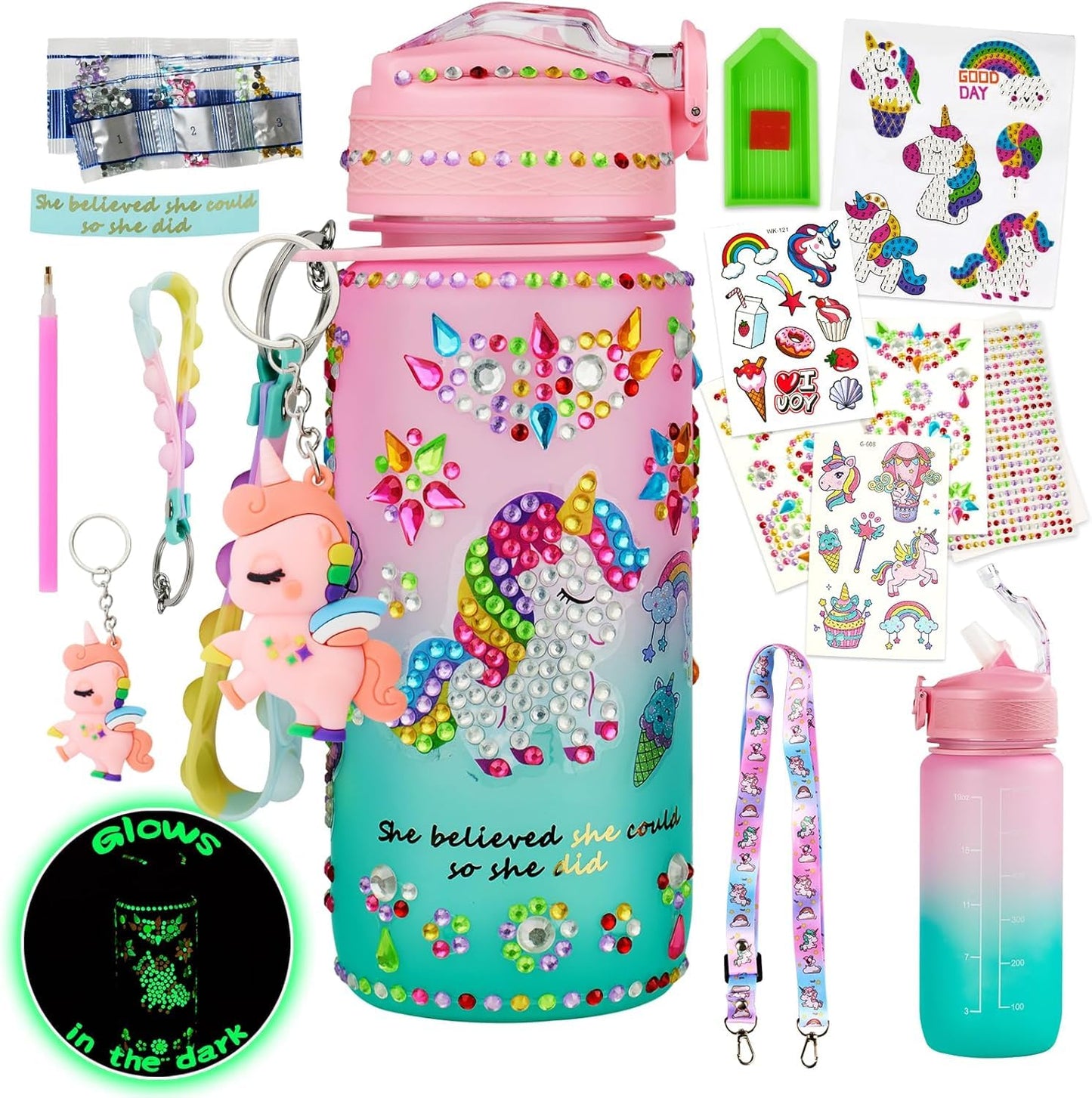 Glow in The Dark Decorate Your Own Water Bottle Kit,Unicorn Toy Gift for 4-6-8-10-12 Year Old Girl,Craft Toy for Age 3 4 5 6 7 8 9 10 Girl,Kid Teen Water Bottle Sticker for School Christmas Birthday