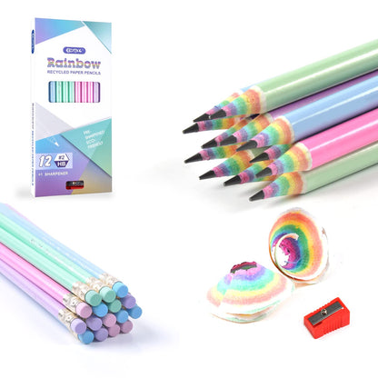 ECOTREE Pre-Sharpened Pencils #2 Cute Number 2 Pencil with Erasers for Kids Eco Rainbow Paper Pencil for School, Writing, 12 Count