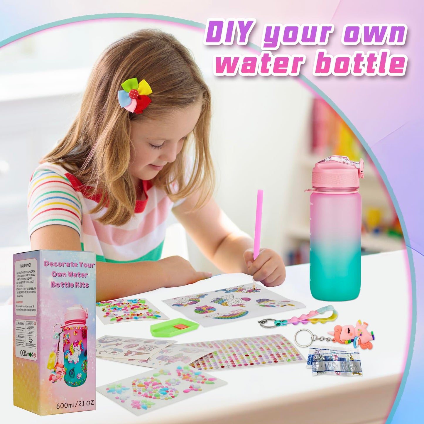 Glow in The Dark Decorate Your Own Water Bottle Kit,Unicorn Toy Gift for 4-6-8-10-12 Year Old Girl,Craft Toy for Age 3 4 5 6 7 8 9 10 Girl,Kid Teen Water Bottle Sticker for School Christmas Birthday