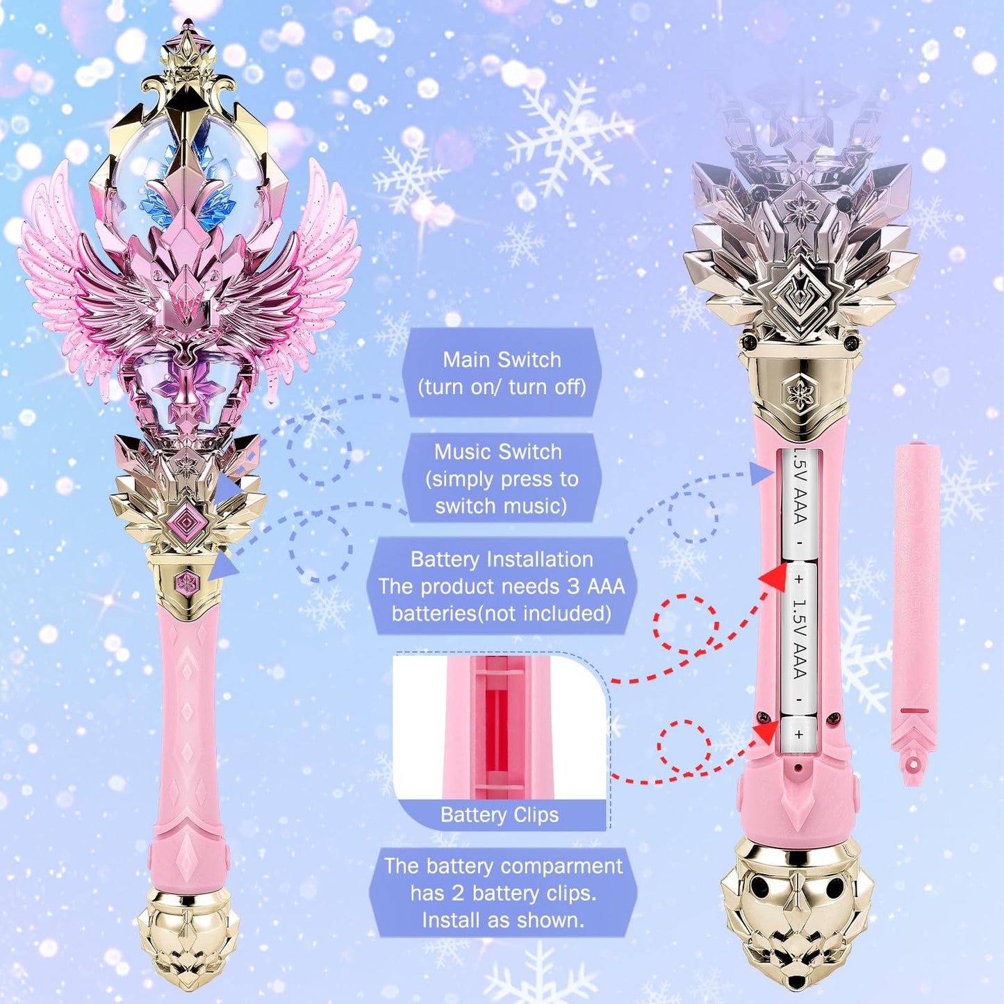 CharmFields Light Up Magic Princess Wand – Dual Lights, Spinning LEDs with Sound, Snowflake Fairy Wand for Dress-Up, Cosplay, Birthday Gift for Kids, Pink Toy