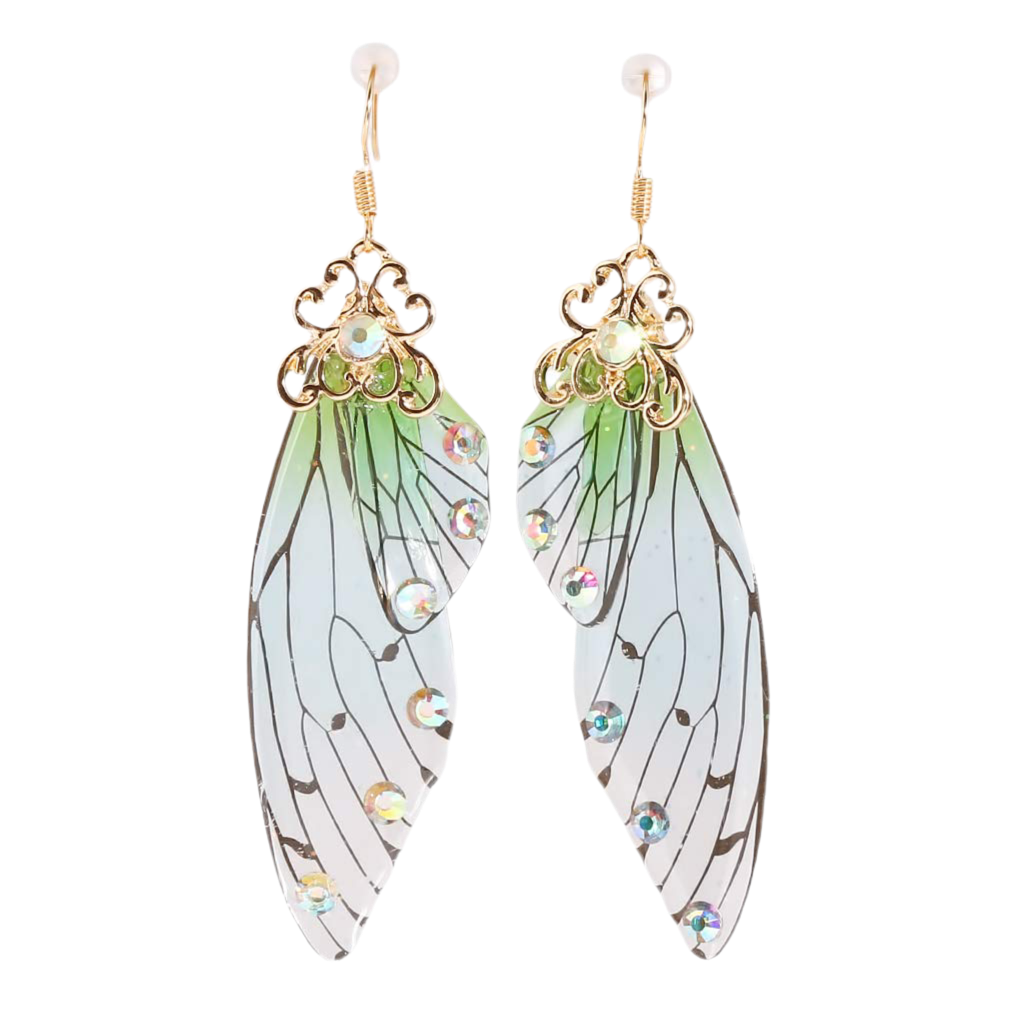 HELPFLOWER CH Handmade Fairy Simulation Butterfly Wing Earrings Foil Rhinestone Earring Romantic Jewelry,Golden Green