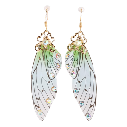 HELPFLOWER CH Handmade Fairy Simulation Butterfly Wing Earrings Foil Rhinestone Earring Romantic Jewelry,Golden Green