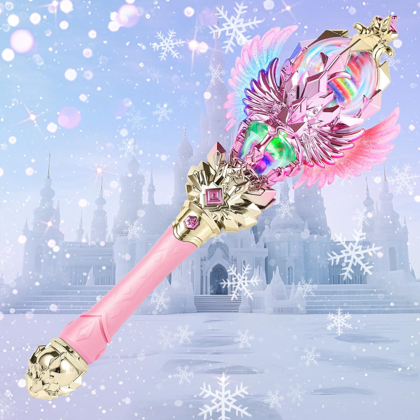 CharmFields Light Up Magic Princess Wand – Dual Lights, Spinning LEDs with Sound, Snowflake Fairy Wand for Dress-Up, Cosplay, Birthday Gift for Kids, Pink Toy