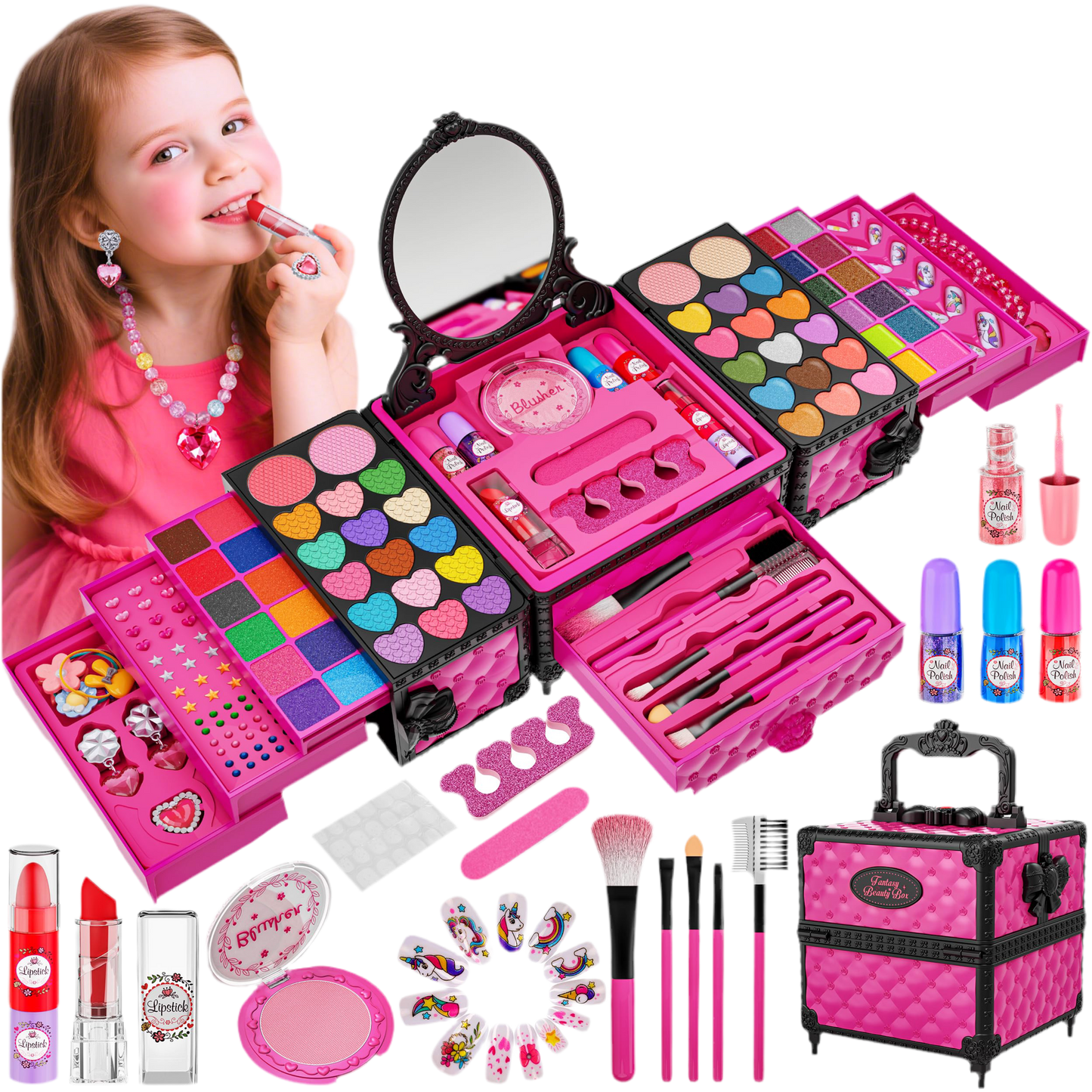 99 Pcs Kids Makeup Kit for Girls, Princess Toys Real Washable Cosmetics Set with Mirror, Hair Ties, Nails, Rings, Earrings, Necklace, Perfect for 3 4 5 6 7 8 Year Old Girls Birthday