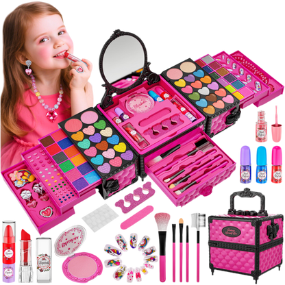 99 Pcs Kids Makeup Kit for Girls, Princess Toys Real Washable Cosmetics Set with Mirror, Hair Ties, Nails, Rings, Earrings, Necklace, Perfect for 3 4 5 6 7 8 Year Old Girls Birthday