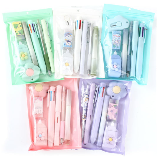 Sayglossy 5 Sets 7 Pcs Kawaii Stationery Set Cute Stationery Mini Office Supply Kit Cute School Supplies Including Ballpoint Pens Pencil Sharpener Highlighter Correction Tape Ruler Utility Knife