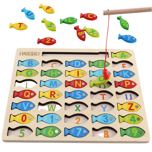 Magnetic Wooden Fishing Game Toy for Toddlers, Alphabet Fish Catching Counting Games Puzzle with Numbers and Letters, Preschool Learning ABC Math Educational Toys 3 4 5 Years Old Girl Boy Kids