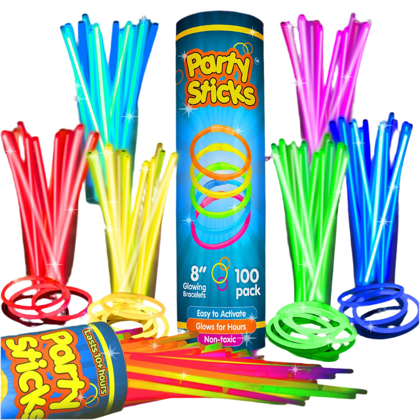 PartySticks Glow Sticks Party Supplies 100pk - 8 Inch Glow in the Dark Light Up Sticks Party Favors, Glow Decorations, Neon Party Glow Necklaces and Glow Bracelets with Connectors