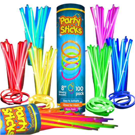 PartySticks Glow Sticks Party Supplies 100pk - 8 Inch Glow in the Dark Light Up Sticks Party Favors, Glow Decorations, Neon Party Glow Necklaces and Glow Bracelets with Connectors