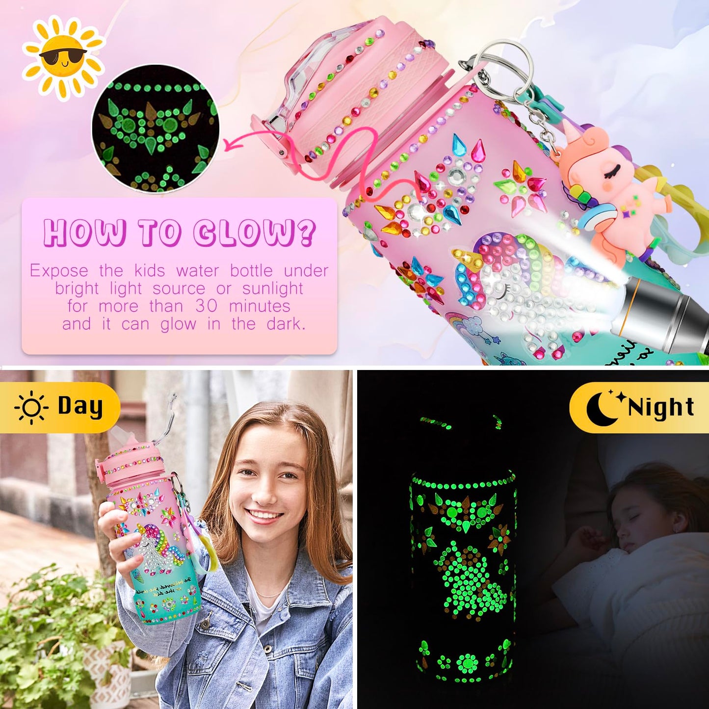 Glow in The Dark Decorate Your Own Water Bottle Kit,Unicorn Toy Gift for 4-6-8-10-12 Year Old Girl,Craft Toy for Age 3 4 5 6 7 8 9 10 Girl,Kid Teen Water Bottle Sticker for School Christmas Birthday