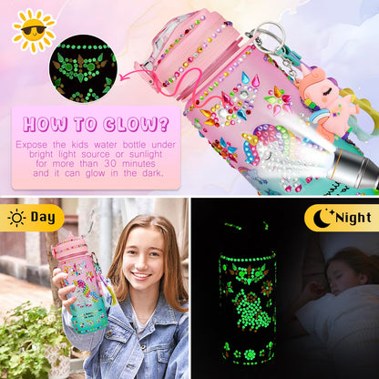 Glow in The Dark Decorate Your Own Water Bottle Kit,Unicorn Toy Gift for 4-6-8-10-12 Year Old Girl,Craft Toy for Age 3 4 5 6 7 8 9 10 Girl,Kid Teen Water Bottle Sticker for School Christmas Birthday