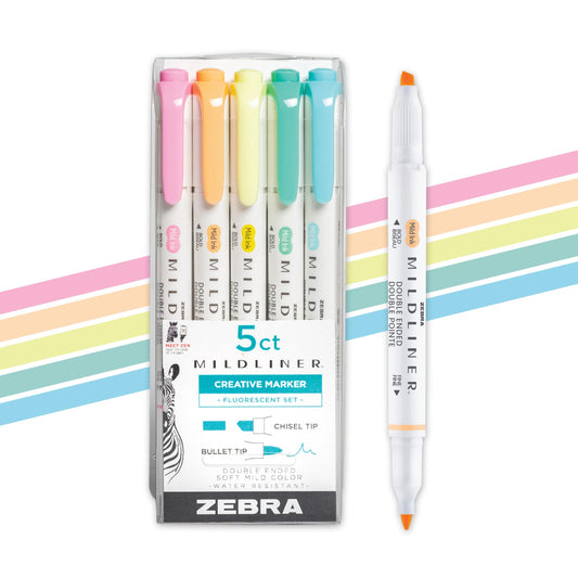 Zebra Pen Mildliner Double-Ended Highlighter Set, Broad and Fine Point Tips, Ideal for Bible Highlighting, No Bleed, Assorted Fluorescent Ink Colors, 5-Pack (78105)