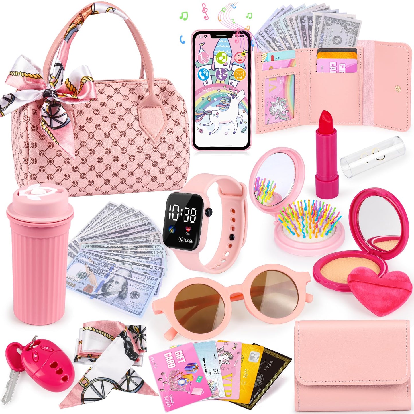 Oisacirg Play Purse for Little Girls, 32PCS Toddler Purse with Pretend Makeup for Kids, Princess Toys Includes Handbag, Phone, Wristwatch, Silk Scarf Kids Toy Purse Birthday Gift for Girls 3 4 5 6 +