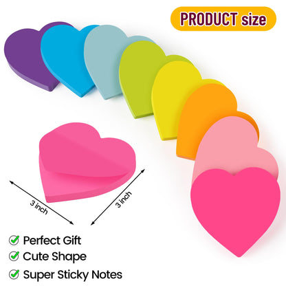 Heart Sticky Notes 3x3 in, 8 Pads, Super Cute Bright Color Strong Adhesive Post, Clean Removal, 82 Sheets/pad