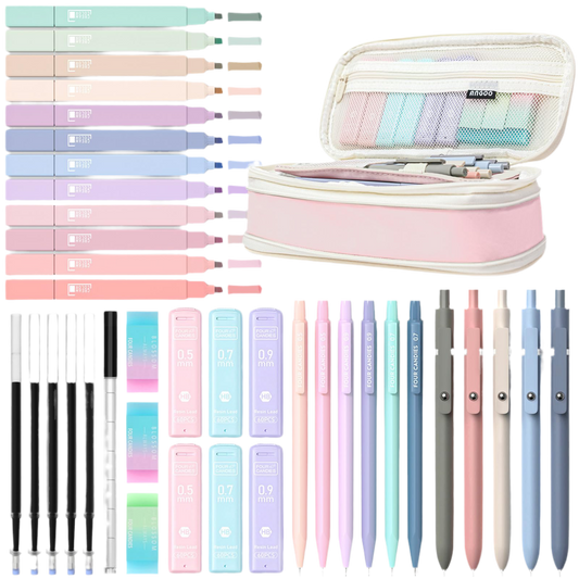 Four Candies 39 PCS Aesthetic School Supplies with Cute Pen Case, 12 Pastel Highlighters, 5 Black Ink Gel Pens, 6 Mechanical Pencils Set 0.5 & 0.7 mm for Students Stationary College Essentials (Pink)