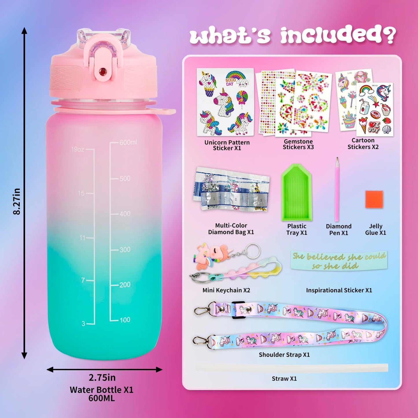 Glow in The Dark Decorate Your Own Water Bottle Kit,Unicorn Toy Gift for 4-6-8-10-12 Year Old Girl,Craft Toy for Age 3 4 5 6 7 8 9 10 Girl,Kid Teen Water Bottle Sticker for School Christmas Birthday