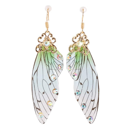 HELPFLOWER CH Handmade Fairy Simulation Butterfly Wing Earrings Foil Rhinestone Earring Romantic Jewelry,Golden Green